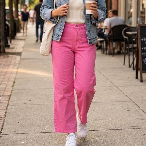 SHEIN Denim - SHEIN High-Rise Straight Jeans in Bright Pink